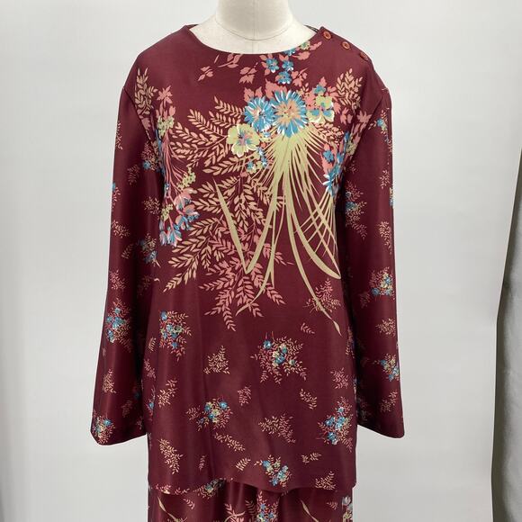 Vintage 70s Floral Print Matching Skirt Set Button Neck Tunic Midi Maroon Small - Picture 8 of 12